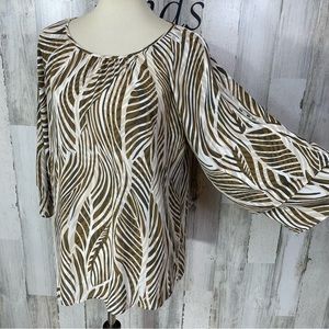 Chico’s Tan White Leaf Print Tiered Ruffle Sleeve 3/4 Top Blouse Sz 1 (M)